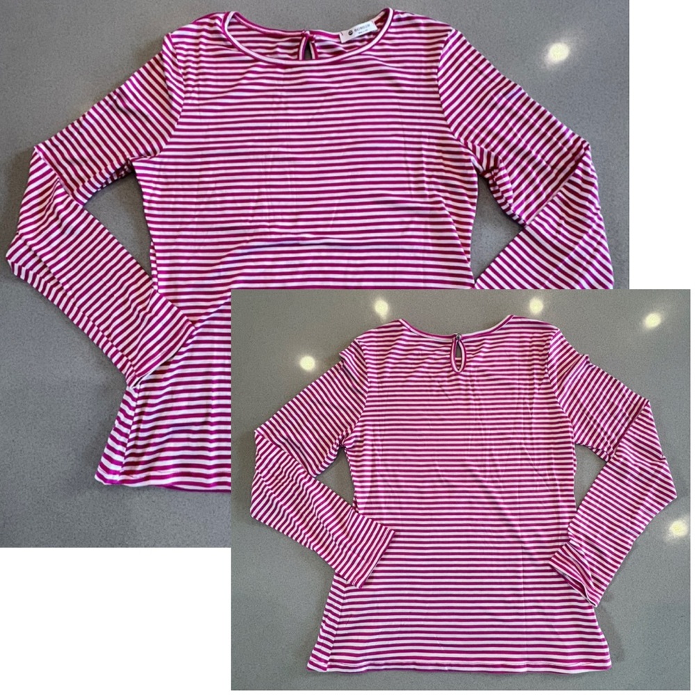 BomBom Pink & White Striped Long Sleeve Top Key Hole in back Sz Medium